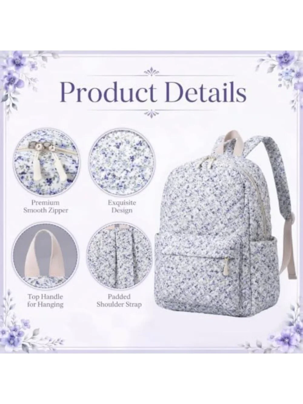 Floral Dark Blue Quilted Backpack Set - 3 Stylish Bags for School & Travel
